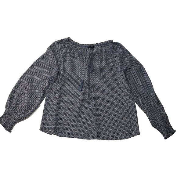 Max Edition Women Blouse Blue White Geometric Long Sleeve Peasant Top Size Small - Picture 4 of 14